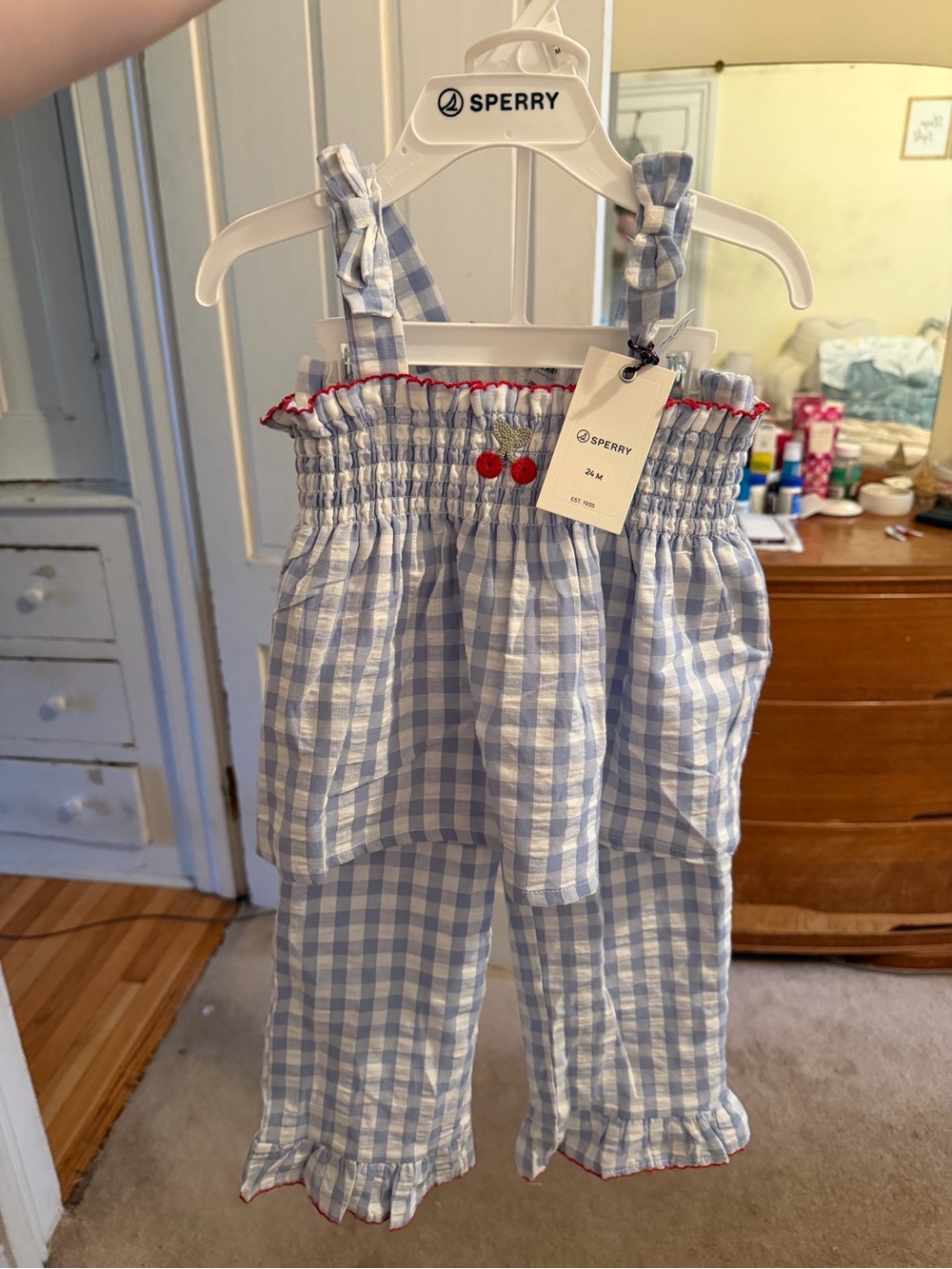 Sperry Blue & White Gingham toddler 2 piece set with Cherry Detail (NWOT)
